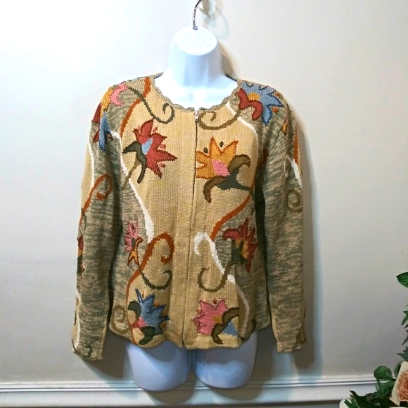 Caamano Sweaters - Caamano Handknit Earth Toned Floral Zip Front Cardigan Sweater Made In Peru